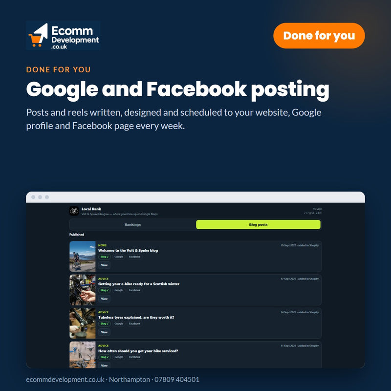Google and Facebook posting by Ecomm Development, Northampton