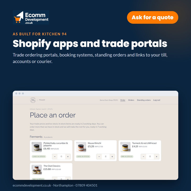 Shopify apps and trade portals by Ecomm Development, Northampton